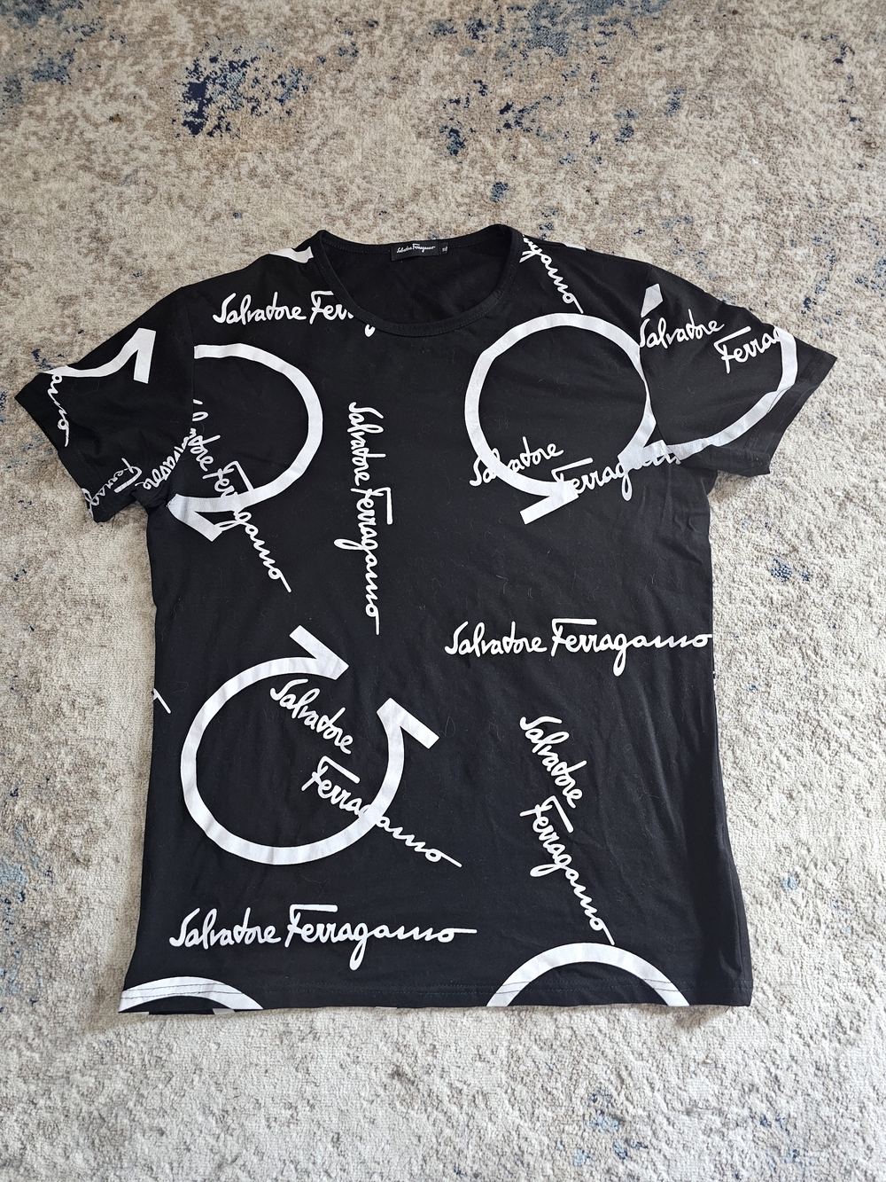 Salvatore Ferragamo Black T-Shirt with White Logo Circles Mens Size Slim Large